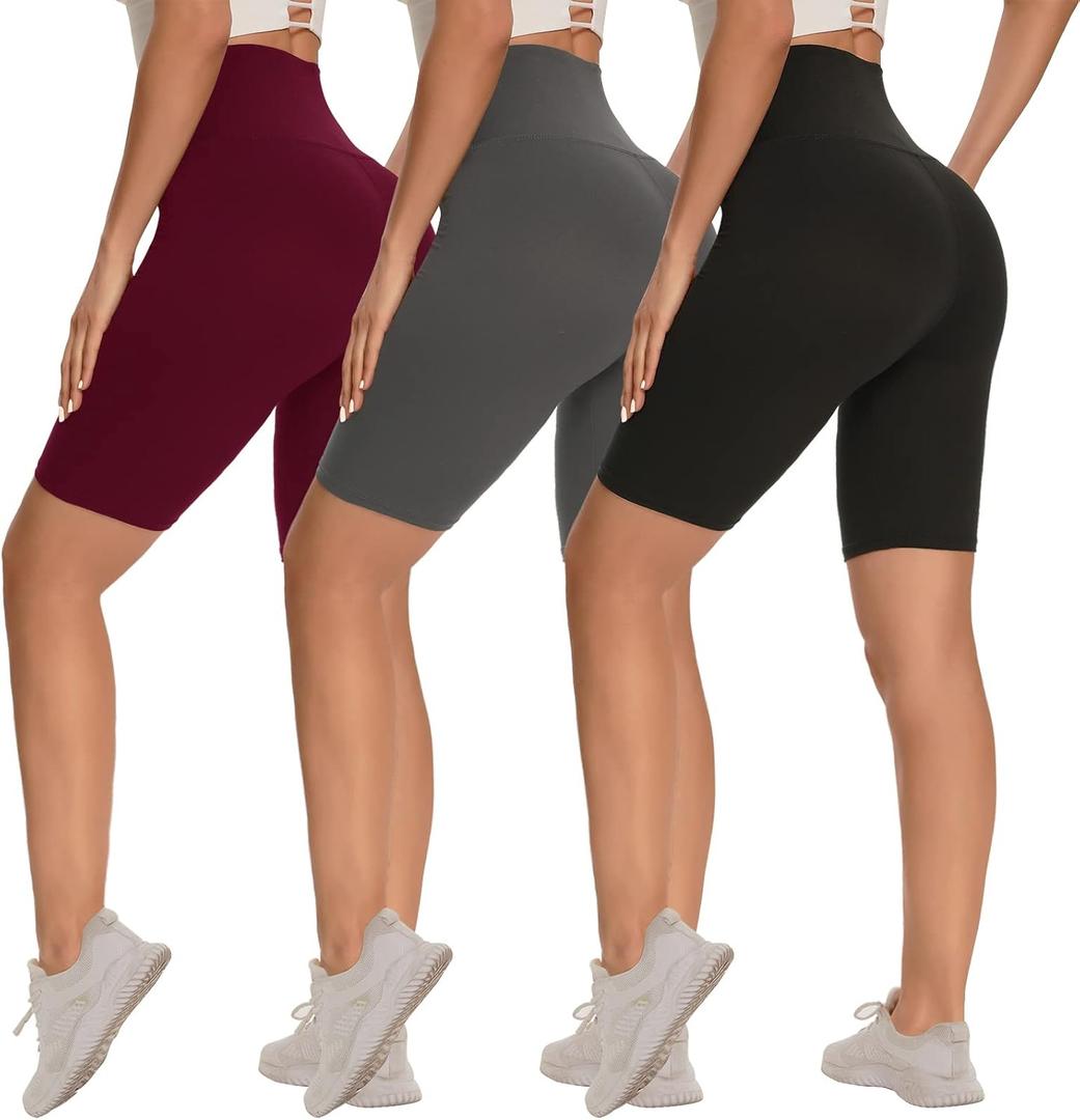 3 Pack Biker Shorts for Women 8"/5"/3" High Waisted Tummy Control Workout Yoga Running Athletic Shorts (Large-X-Large, Black/Dark Grey)