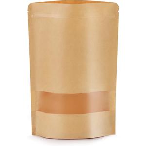 50pcs Kraft Bags with Window 5.9x8.6 Inches Brown Reusable Sealable Zip Lock Food Storage Stand up Paper Pouches for Home or Business