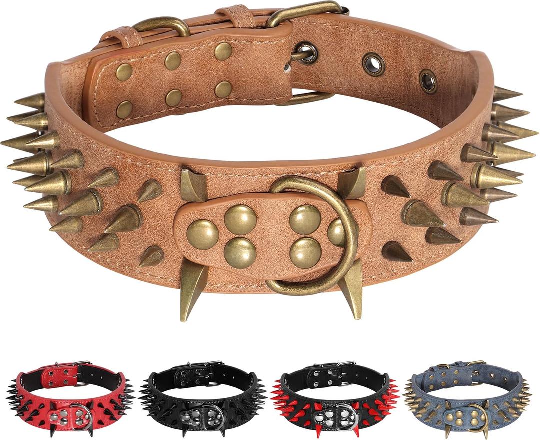 Beirui Heavy Duty Spiked Leather Dog Collar 2 inch Wide - Anti-Bite Sharp Rivet Studded Dog Collar for Medium Large Dogs Pit Bull Mastiff Bulldog (Brown,Neck for 18-23",Total Length 25.5") 
