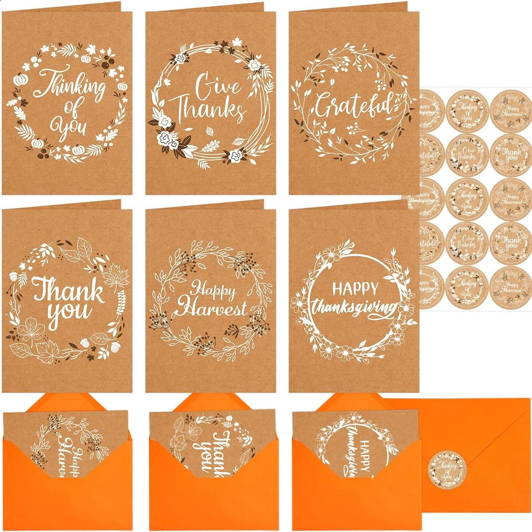 3 x Fancy Land Kraft Thanksgiving Cards with Envelopes Rustic Fall Wreath Thank You Cards Assortment for Autumn Party Supplies 12Pcs