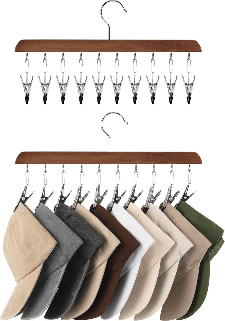 StorageWorks Hat Rack, Closet Organizer and Storage for Baseball Caps,Set of 2 with 10 Adjustable Stainless Steel Clips, Fits All Caps, Natural Walnut Color (14"W x 7.5"H)