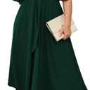 SCOMCHIC Women Plus Size Midi Dresses Wedding Guest Short Sleeve V Neck Tie Waist Casual Summer Flowy A Line Dress, 3XL, Emerald Green