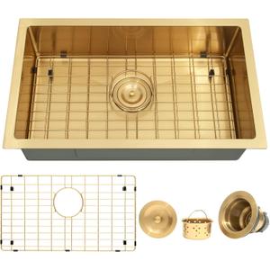MILOSEN Gold RV Kitchen Sink, Small Single Bowl Outdoor Sinks, 25×15 inch Stainless Steel Undermount RV Sink with Gold Basket Strainer
