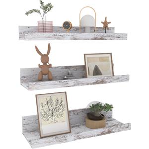 Lavezee 15.7 Inch Floating Shelves for Wall Set of 3, Rustic Picture Ledge Wall Mounted Shelf for Living Room, Bedroom, Kitchen, Bathroom, Distressed White