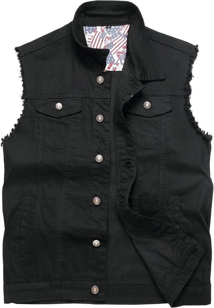 Men's Denim Vest,Sleeveless Jacket Slim Fit Vintage Casual Ripped Summer Jean Vest for Men, Large