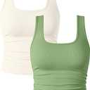 OQQ Womens 2 Piece Shirts Ruched Sleeveless Square Neck Seamless Stretch Fit Basic Tee Tops, Size XL