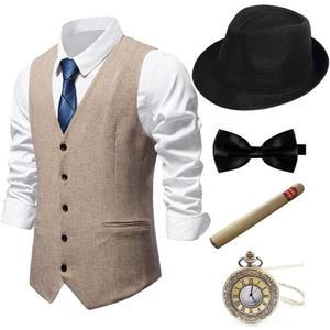 Gionforsy 1920s Mens Costume Gatsby Gangster Vest Fedora Hat Suspenders Bow Tie Costume Accessories Set (Small, Beige)