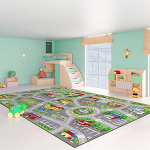 Kids Rug 6'6" x 9'8" City Life Playmat Area Rug Car City Map Washable Traffic Road Educational Learning Nursery Rug Carpet for Children Playroom Living Room Bedroom Classroom Decor Green