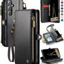 Defencase for Galaxy S25 Case Wallet with RFID Blocking Card Holder for Women Men, Elegant PU Leather Magnetic Snap Flip Wristlet Strap Zipper Wallet Phone Cases for Samsung Galaxy S25 5G 6.2", Black