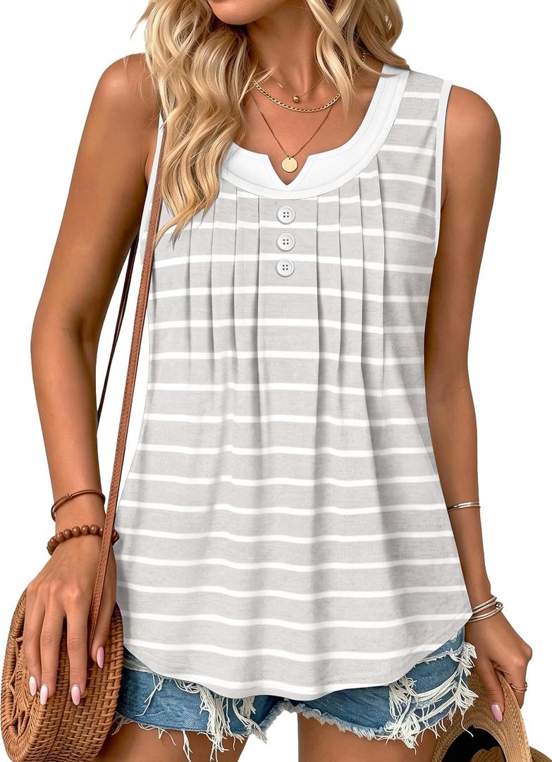 Summer Tops for Women 2026 Trendy Pleated Front Striped Tank Top Curved Hem Flowy Sleeveless Shirts (Gray, M)