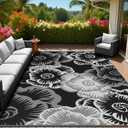 MontVoo Outdoor Rug-Waterproof Patio Rug Mat 5x8 ft Outdoor Carpet Mat Reversible Plastic Straw Outside Outdoor Rug for RV Camping Picnic Beach Balcony Backyard Pool Deck Porch Farmhouse Floral Black