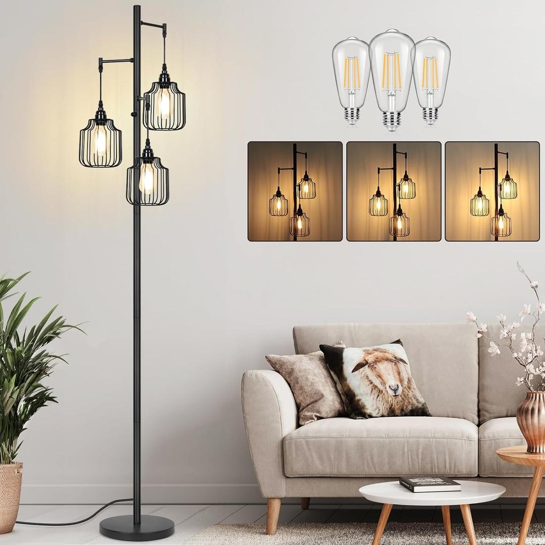 Dimmable Floor Lamp with 3 x 800LM LED Edison Bulbs,Tall Standing Lamp for Living Room,Farmhouse Black Corner Floor Lamp,Bright Industrial Rustic Vintage Tree Pole Light with Cage for Bedroom Office