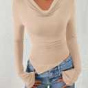 PRETTYGARDEN Womens Bell Long Sleeve Shirts Casual Cowl Neck Asymmetrical Slim Fit Crop Tops Y2K Going Out Spring Clothes (Beige,M) (Beige, M)