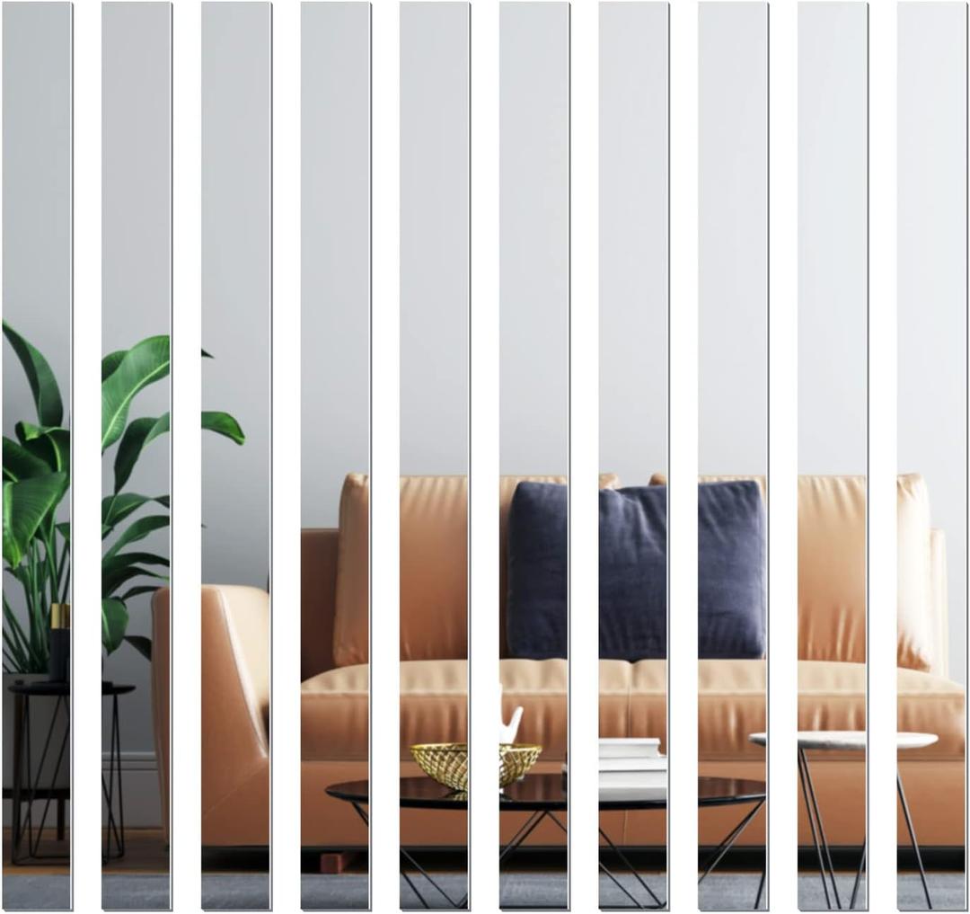 Mirror Tiles, 2''x20''Mirror Tiles Self Adhesive Stripe Wall Mirror Stickers (Not Glass) Removable Long Acrylic Frameless Mirror Sheets for Home Living Room Bedroom DIY Decor (10 Pcs)