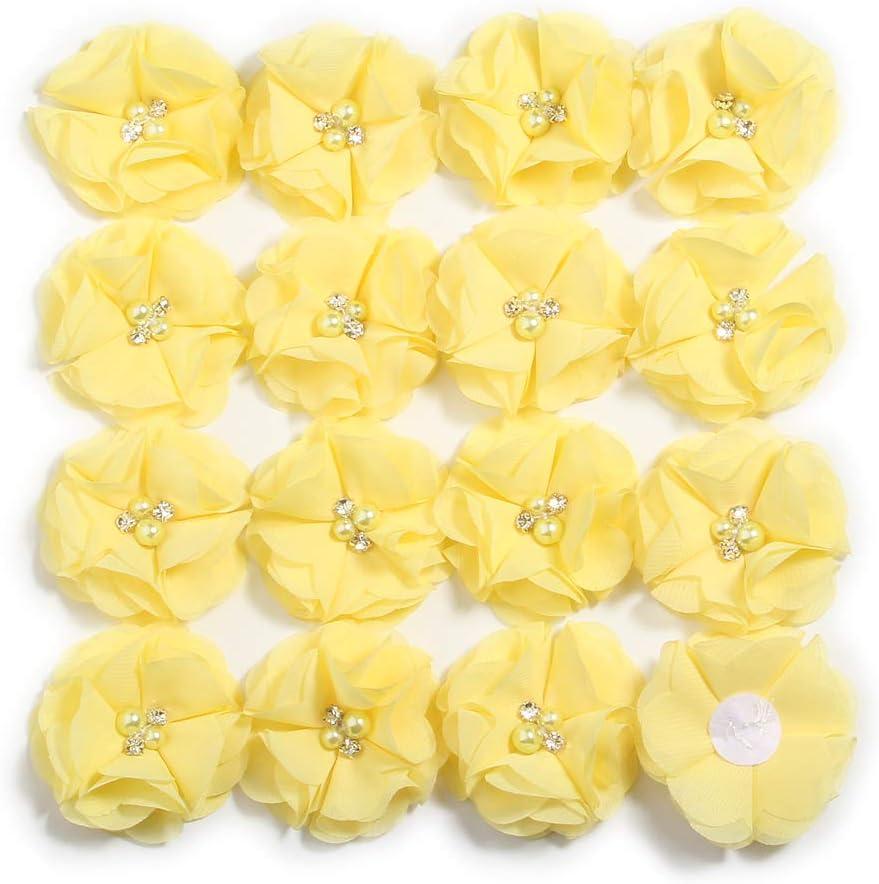50 Pcs 2" Mini Chiffon Flowers with Rhinestones for Baby Girls Hair Accessories Artificial Fabric Flowers for Headbands Craft Projects (Yellow)