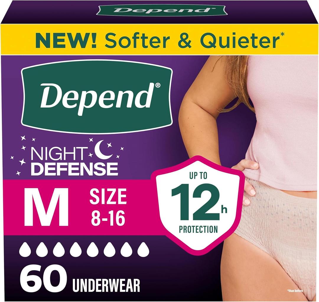 Depend Night Defense Adult Diapers, Incontinence & Postpartum Bladder Leak Underwear for Women, Disposable, Overnight, Medium, Blush, 60 Count (4 Packs of 15)