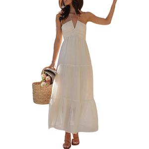 Women's Halter Neck Floral Maxi Dress 2024 Summer Boho Long Sundress Sexy Sleeveless Backless Flowy Ruffle Dress (Medium, White)