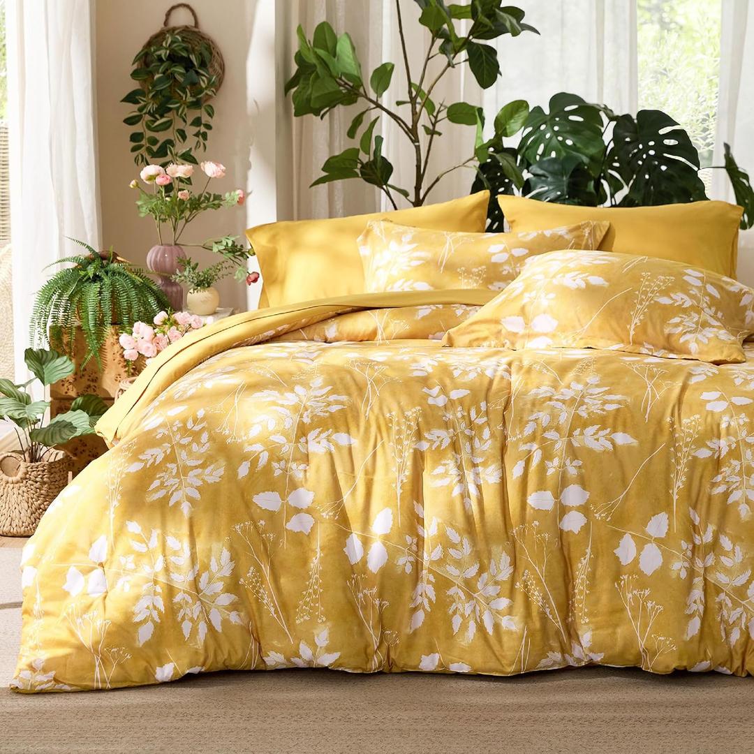 Bedsure Queen Comforter Set - 7 Pieces Floral Yellow Soft Bedding Sets, Queen Bed in a Bag with Botanical Flowers Comforter, Sheets, Pillowcases & Shams