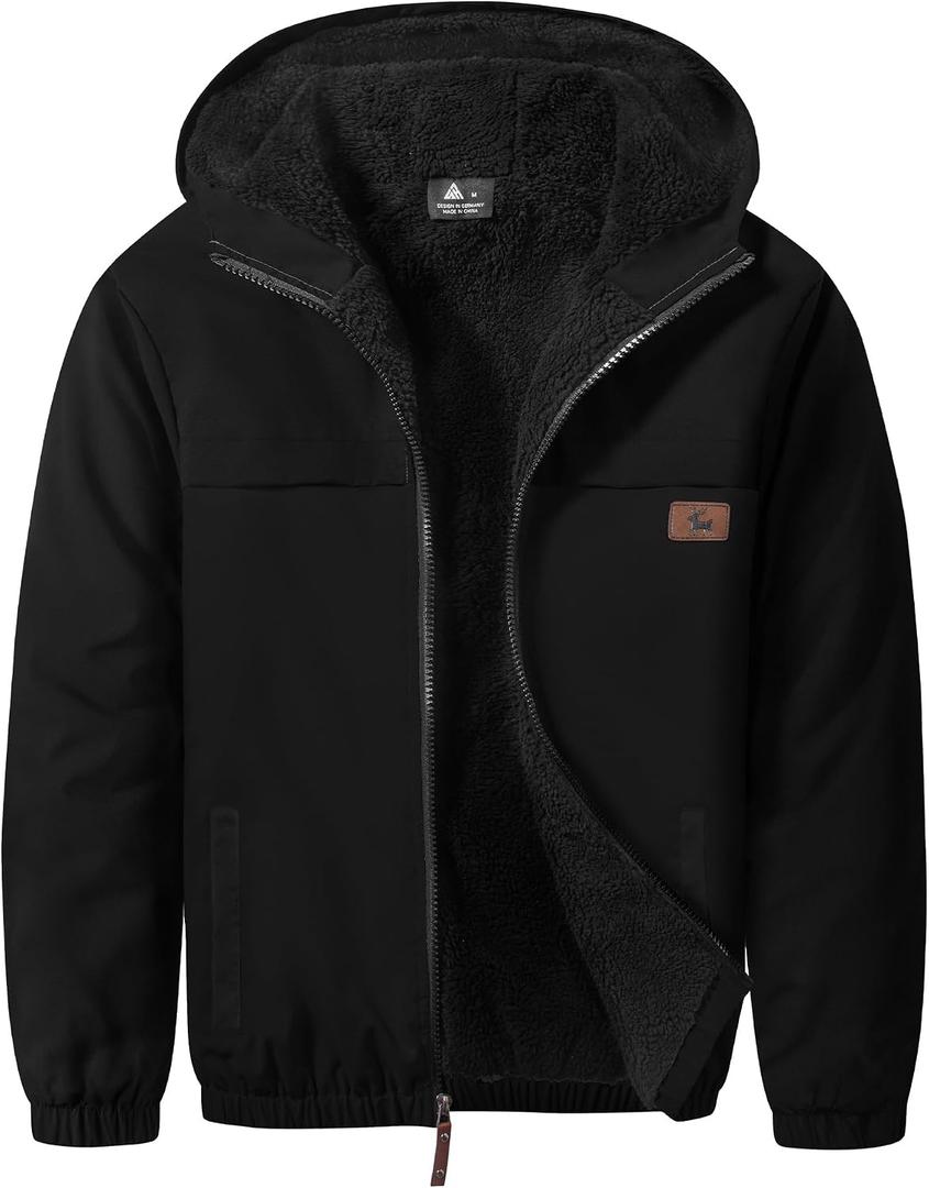 SCODI Boys Fleece Sherpa Lined Jacket for Kids Hoodie Zip Up Sweatshirt (Black, XXL)
