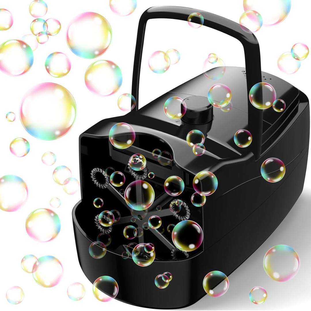 Bubble Machine, Automatic 18000+ Per Minute Big Bubbles Blower Maker for Kids Toddlers with 2 Speeds,6 Wands,Operated by Plugin or Batteries for Outdoor/Indoor Birthday Parties,Wedding (Black)