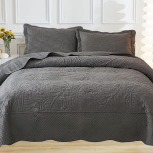 MarCielo 3-Piece 100% Cotton Oversized Bedspread Lightweight Quilt Coverlet Embroidery Farmhouse Bedding Set T0 (Dark Grey, (128"x120"))