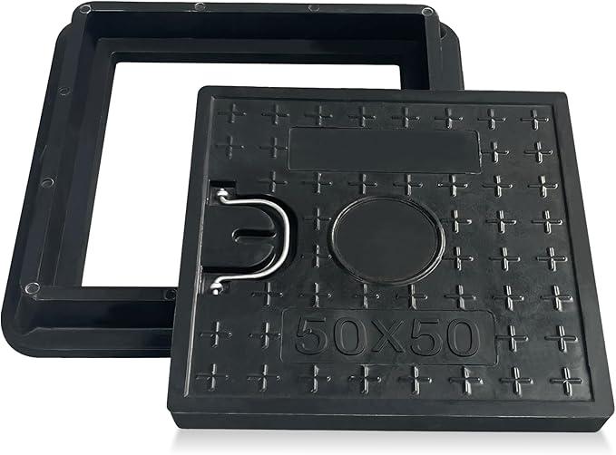 16x16 Manhole Cover and Frame, Square Solid Top Cover, Fiberglass Septic Tank Lid and Base, Non-Slip Embedded Sewer Cover w/Handle for Outside, Heavy Duty Concrete Replacement Lid for Yard, Garden