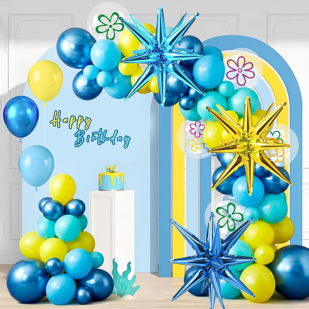Blosssound 113 Pcs Cartoon Sponge theme Balloon Arch Kit Yellow Party Decorations with Blue Yellow Teal Clear Star Latex Balloons for Birthday Supplies Party Decor