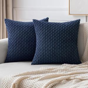 MIULEE Pack of 2 Decorative Throw Pillow Covers 18x18 Inch Soft Boho Striped Textured Corduroy Pillow Covers Modern Farmhouse Home Decor for Couch Bed Sofa Living Room Navy Blue
