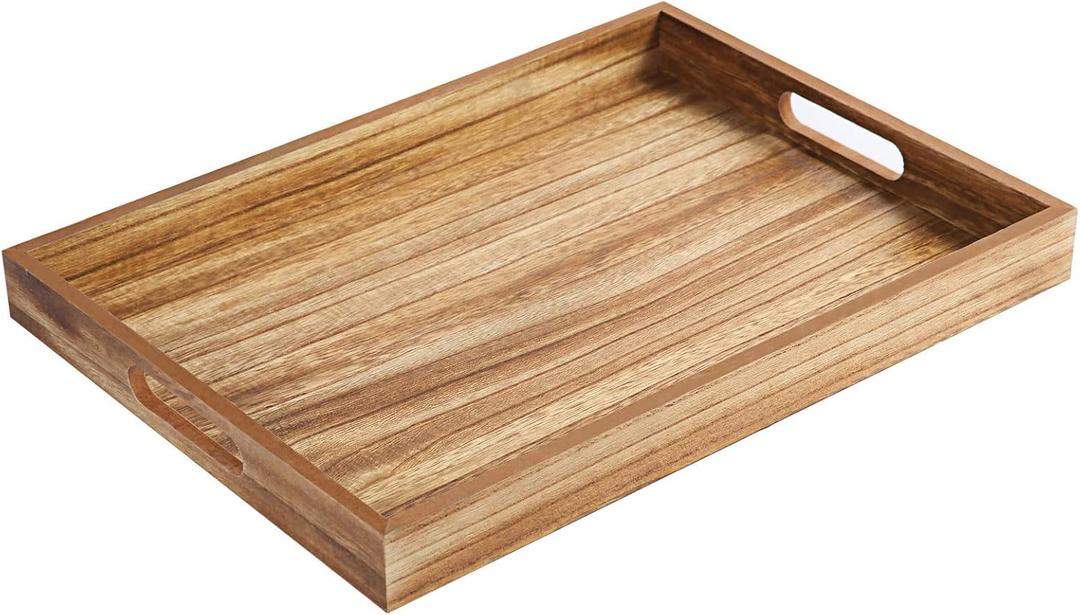 Krismax Wooden Serving Tray with Handles, Rustic Brown Rectangular Serving Platter 15.7x11.4 Inch for Coffee Table, Decorative Storage Tray