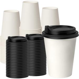 RACETOP [100 pack] Disposable Coffee Cups with Lids 12 oz, Hot Paper Cups with Lids, To Go Cup with Lid (White)