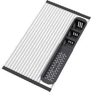 BBXTYLY Expandable Roll Up Dish Drying Rack,Over The Sink Drying Rack Sink Cover Kitchen Accessories Rolling up Stainless Steel Drainer, Foldable with Removable Utensil Holder(Black 15.1"W x 13.6"H)
