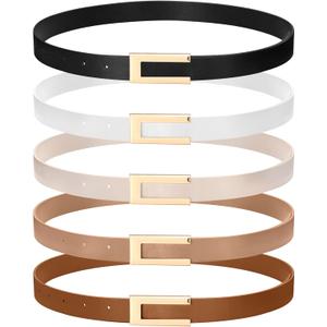 JaGely 5 Pcs Women Skinny Leather Belts Thin Women Waist Belt for Dresses Jeans Pants with Gold Buckle (Beige)
