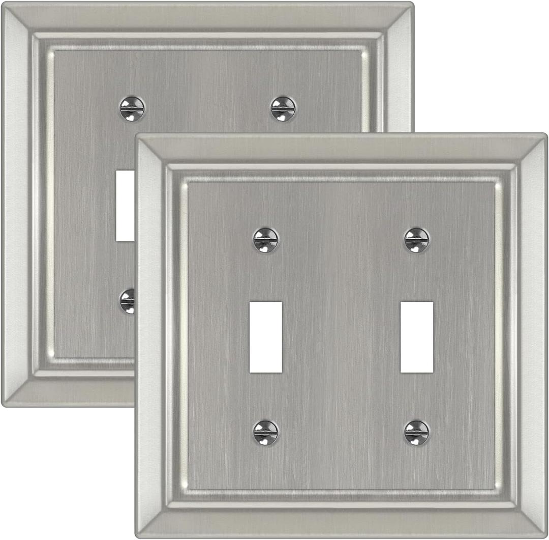 Metal Wall Plate for Electrical Outlets, Decorative Brushed Nickel Switch Plates Outlet Cover, Light Switch Cover Plate, 2-Gang Wall Plates (Double Toggle, 2 Pack)