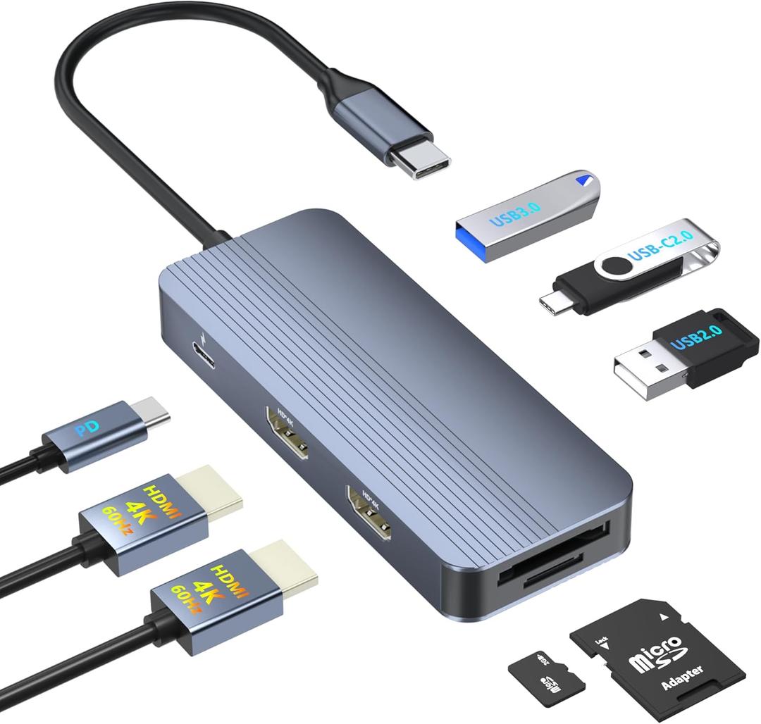 USB C Docking Station Dual HDMI, 4K@60Hz 8 in 1 Docking Station Dual Monitor for Mac/Dell/HP Laptop, HDMI Splitter for Dual Monitors, Double HDTV USB C Hub Multiport Adapter with USB/PD/SD/TF