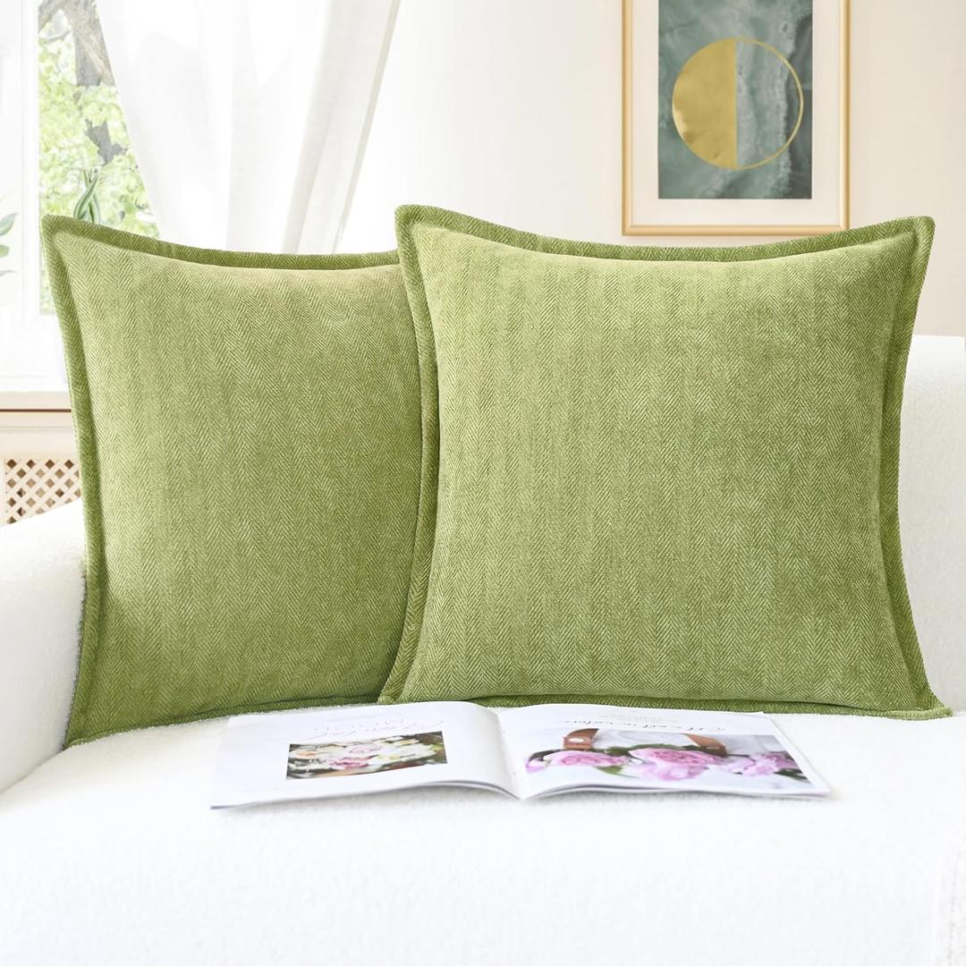 CaliTime Throw Pillow Covers Pack of 2 Soft Herringbone Chenille Cushion Cases with Elegant Design for Couch Sofa Farmhouse Decoration 18 X 18 Inches Sage Green