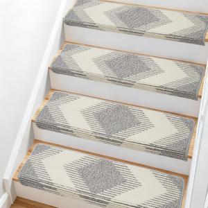 Bullnose Stair Carpet Treads, Set of 14 Step Carpet for Stairs Non Slip, 30"x9.5"x1.7" Peel and Stick Stair Treads Bullnose with Tape, Bullnose Stair Treads for Wooden Steps, Grey and Beige