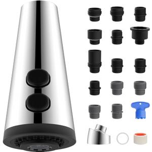 4 Function Kitchen Faucet Head Replacement Universal Pull Down Kitchen Sink Faucet Sprayer Head with 15 Adapters Compatible with American Standard/Kohler/Moen/Delta, Chrome