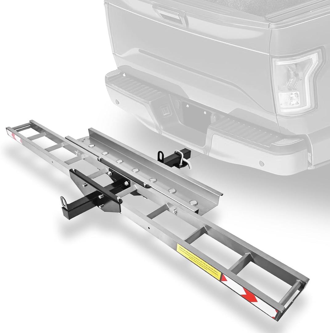 Motorcycle Hitch Carrier with Ramp, 400 lb Lightweight Aluminum Dirt Bike Trailer Hauler with Ratchet Straps and Stabilizer, Hitch-Mounted Scooter Hauler for SUVs and Trucks Included Fits 2" Receiver