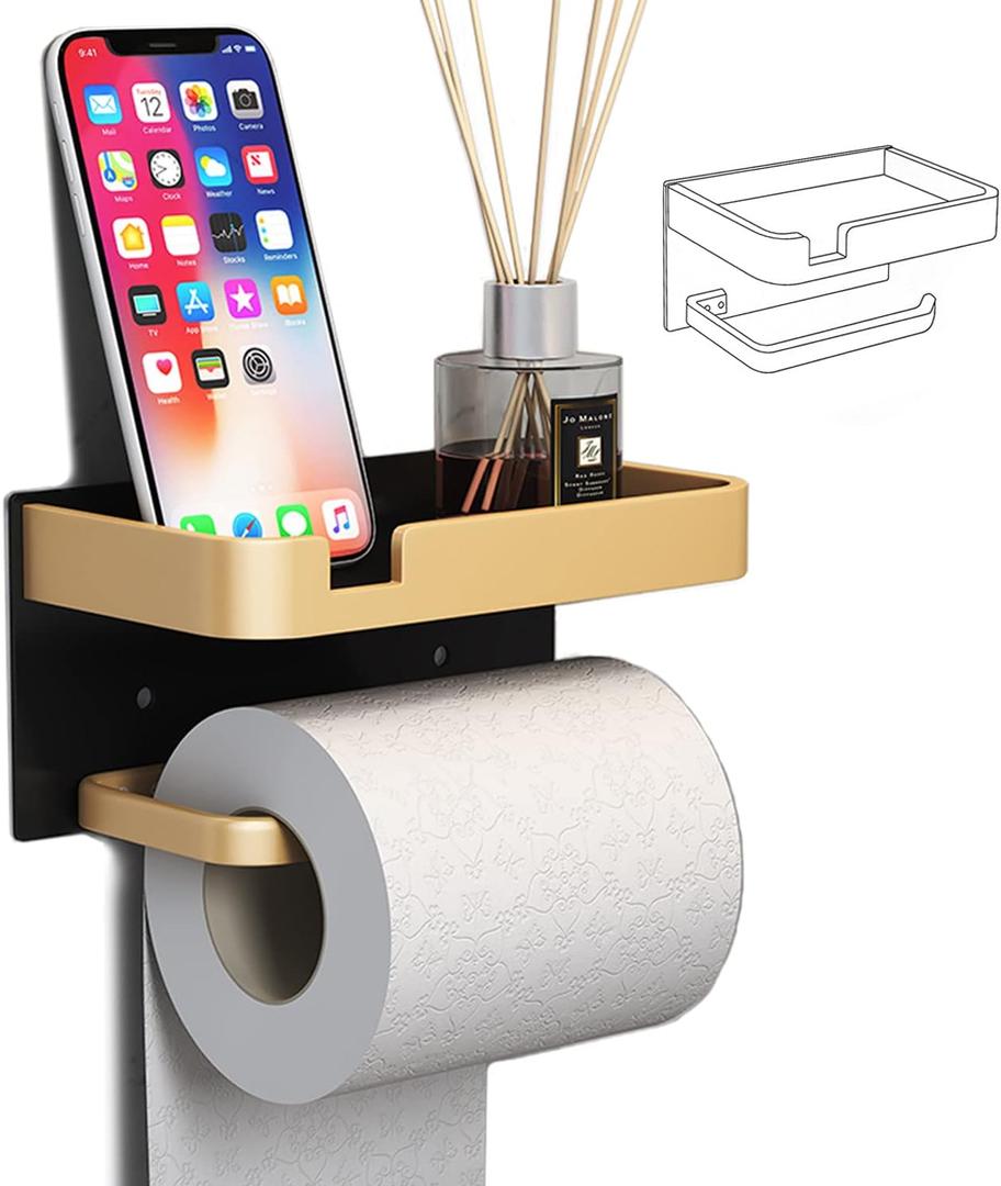 Toilet Paper Holder with Shelf Adhesive Wall Mounted No Drill Aluminium Alloy Stainless & Rustproof Toilet Paper Roll Dispenser Bathroom Organizer Storage Rack Matte Black Gold