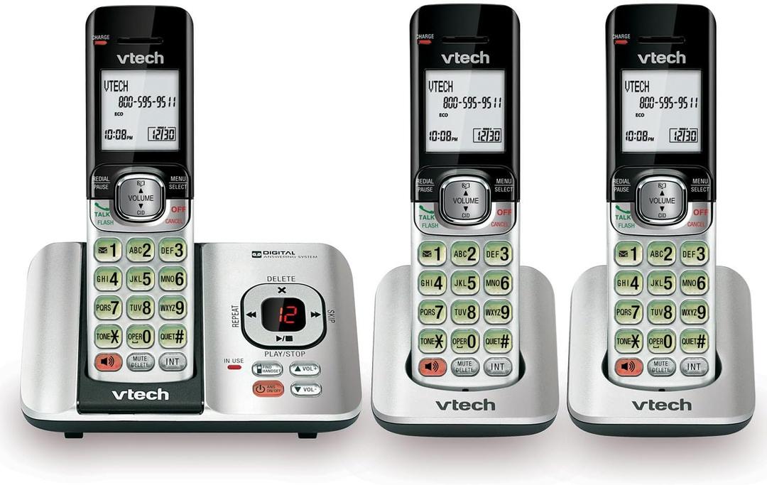 VTech CS65293 3Handset Cordless Phone with Answering Machine, Caller ID/Call Waiting, DECT 6.0, Handset Speakerphone, Wall Mountable (Silver/Black)