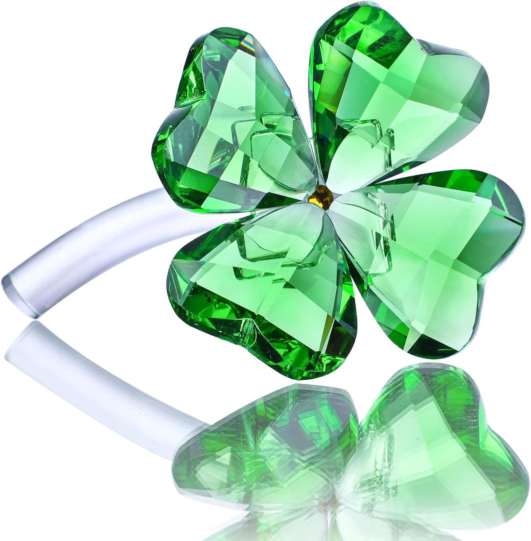 HDCRYSTALGIFTS Crystal Flower Dreams Four-Leaf Clover Figurine Collectibles Green Crystal Glass Statue Ornament Lucky St Patricks Day Gift for Women Car Table Shelf Decorations,Green