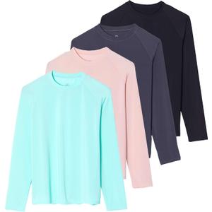 Real Essentials 4 Pack: Women's Long Sleeve Rash Guard Moisture Wicking Shirts - Sun Protection Quick Dry SPF 50+ Tops (Plus) (S)