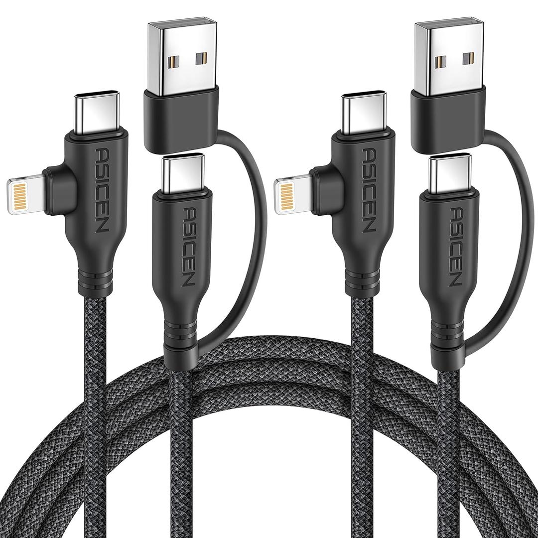 ASICEN 100W PD 2 in 2 Multi Charging Cable,6ft Braided USB C to 90Lightning Cable 5A Fast Charging with USB A/C to C/L for iPhone Series/MacBook/iPad/Galaxy/Switch 2,Multi Chargers for All Devices