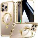 [CD Metal Ring Stand + Built-in Privacy Screen Protector] Magnetic Case for iPhone 16 Pro Max 6.9" [Soft Bumper Full Signal] [Compatible with MagSafe] 9H Glass Full Body Shockproof Clear Case, Gold