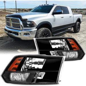 Headlights Assembly Compatible with 2009-2018 Dodge Ram 1500 2500 3500/2019-2022 Ram 1500 Classic Headlamp Replacement Black Housing Amber Reflector Passenger and Driver Side (Only for Quad Models)