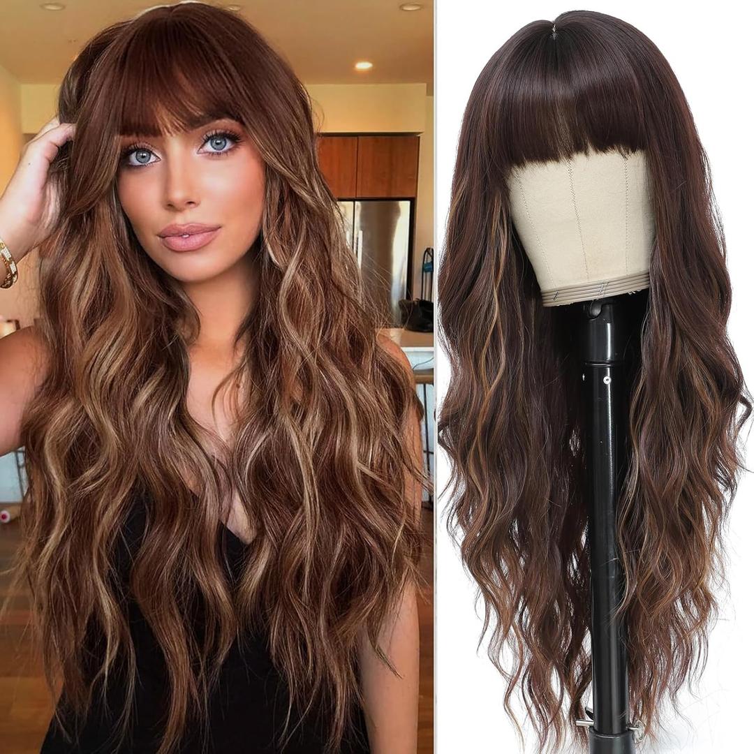 Brown Mix Blonde Wig with Bangs for Women Long Brown Highlights Wavy Wigs 26 Inch Brown Wigs Natural Looking Heat Resistant Synthetic Wig for Daily Party Use