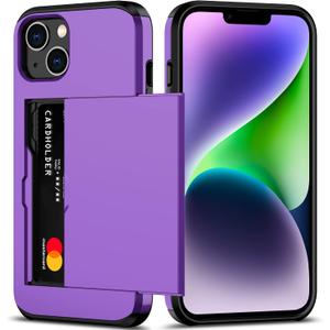 Nvollnoe for iPhone 14 Case with Card Holder Heavy Duty Protective Dual Layer Shockproof Hidden Card Slot Slim Wallet Case for iPhone 14 for Women&Men(Purple)