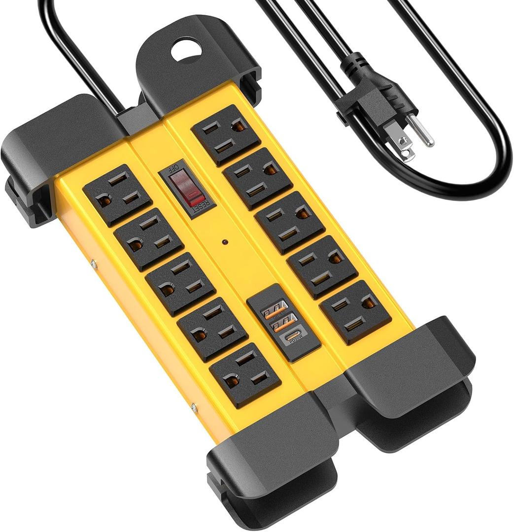 10 Outlet Heavy Duty Power Strip with USB C, Fast Charging, 1200 Joules, 15amp Industrial Metal Power Strip, 6FT Extension Cord for Garden, Kitchen, Office