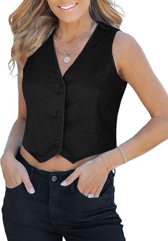 luvamia Jean Vests for Women Crop Denim Top Button Down Waistcoat Vest Tank Tops Fashion Casual Sleeveless Jacket XL