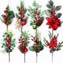 8 Pcs Artificial Christmas Floral Picks, Faux Pine Sprays with Red Berries, Holly Leaves & Pinecones, Greenery for DIY Crafts, Garland, Wreath, Xmas Tree Decor